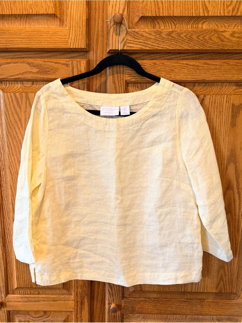 Martha Stewart Butter Yellow 100% Linen Boatneck 3/4 Sleeve Top Coastal Boho